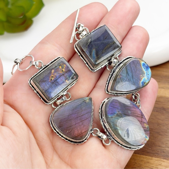 Natural Purple Labradorite Chunky Bracelet Boho New 925 Sterling Silver Overlay - Picture 3 of 11